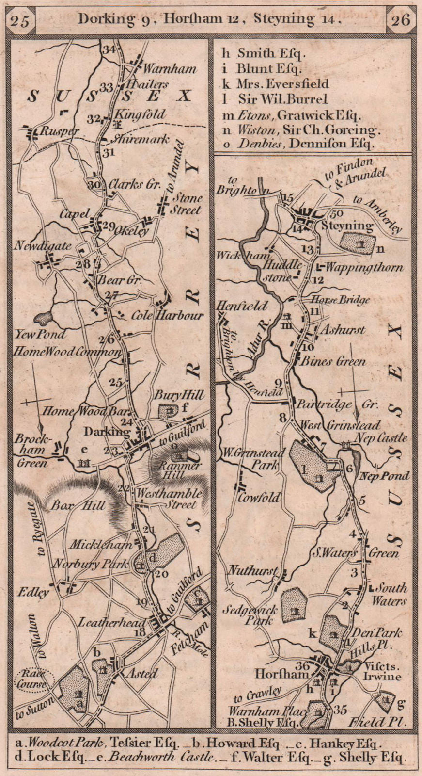 Leatherhead-Dorking-Newdigate-Horsham-Steyning road strip map PATERSON 1803